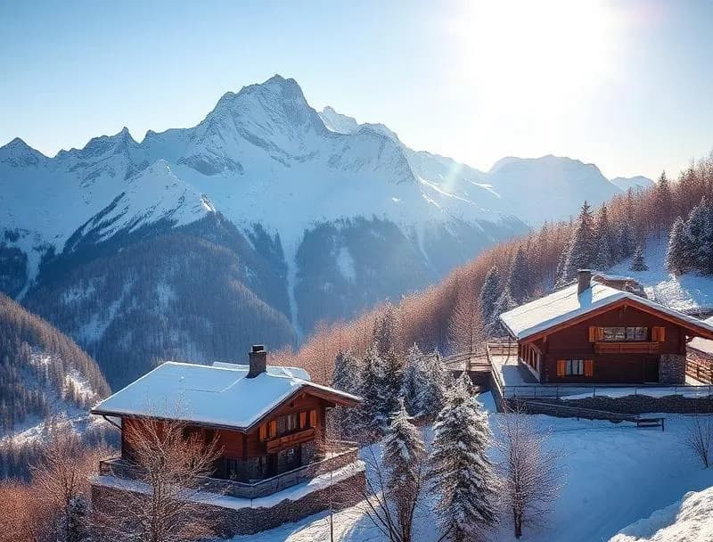 Snow-covered peaks of the French Alps with a luxury chalet village nestled in the valley below under a clear blue sky