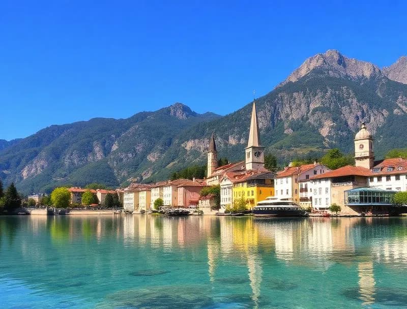 The Palais de l'Ile sitting on its island in the turquoise Thiou canal with the Alps rising behind Annecy's old town
