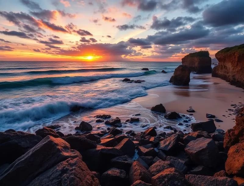 The Rocher de la Vierge jutting into the Atlantic Ocean at Biarritz with waves crashing and the coastline stretching beyond