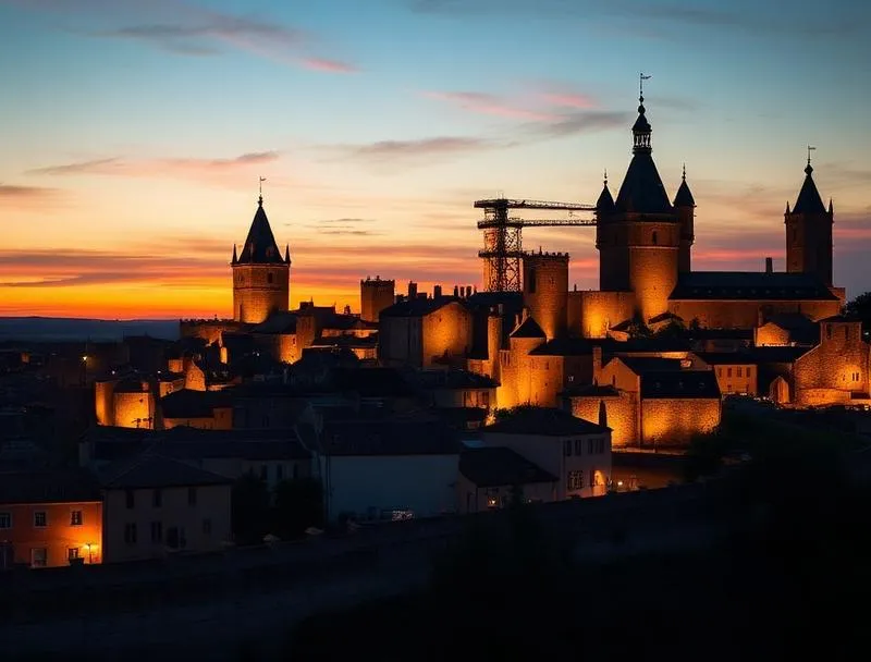 The double-walled medieval citadel of Carcassonne illuminated at night with towers glowing against a deep blue sky