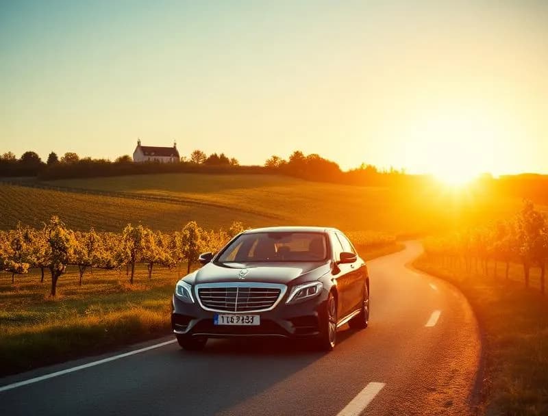 A sleek black Mercedes S-Class parked on a scenic country road in the French countryside, with rolling vineyards and a distant château under a clear sky