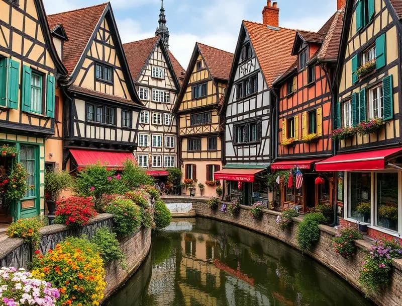 Pastel-colored half-timbered houses reflecting in the canals of Little Venice in Colmar at golden hour