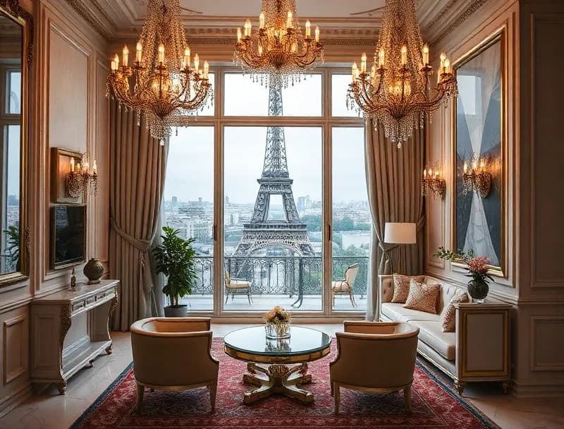The opulent lobby of the Ritz Paris with crystal chandeliers, gilt mirrors, marble columns, and fresh flower arrangements in the grand entrance hall