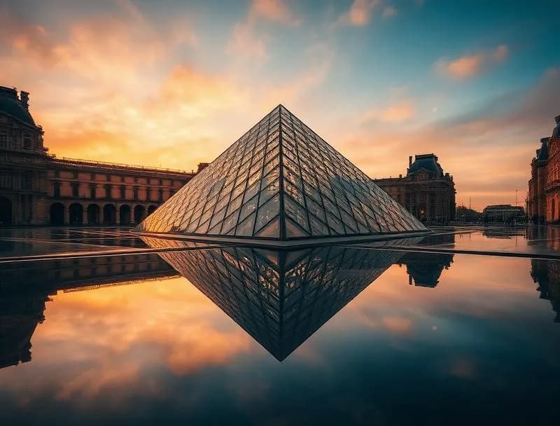 The Louvre Museum glass pyramid illuminated at twilight with the historic palace wings framing the courtyard, visitors silhouetted against the warm glow