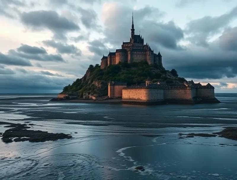 Mont Saint-Michel rising from the tidal flats at high tide, its abbey spire silhouetted against a pastel sunset