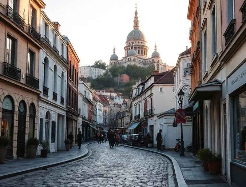 Cobblestone streets of Montmartre with the white domes of Sacré-Coeur Basilica rising above colorful artist studios and café terraces