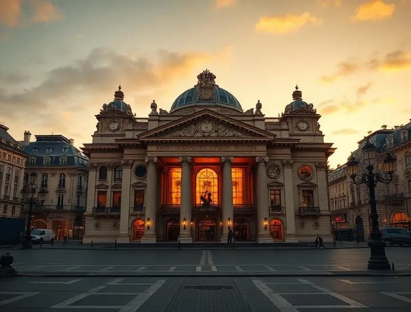 The ornate interior of the Palais Garnier opera house with its grand chandelier, gilded balconies, and Chagall's painted ceiling visible above the auditorium
