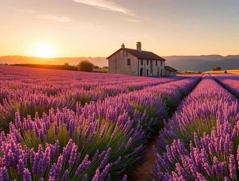 Endless rows of blooming purple lavender stretching toward a sunlit hilltop village in the Luberon