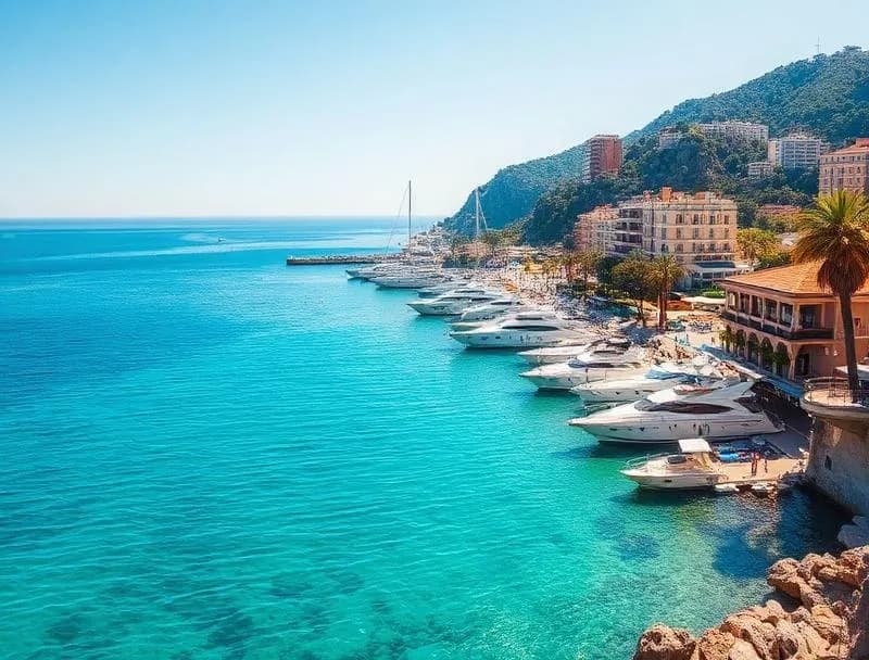 Azure Mediterranean waters lapping against the rocky coastline of the Cote d'Azur with luxury yachts in the distance