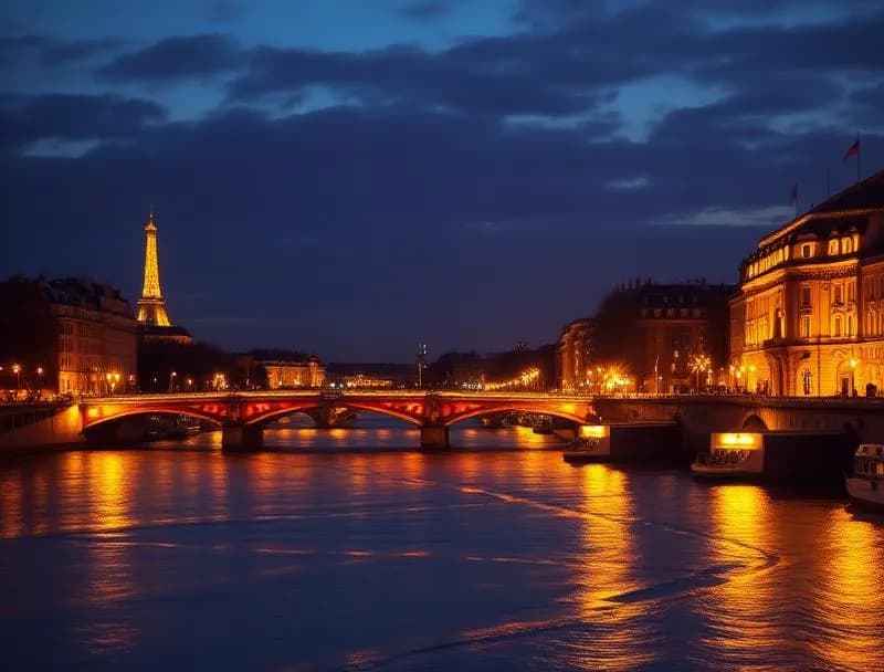 A private yacht gliding along the Seine River at night with the illuminated Eiffel Tower sparkling in the background and soft candlelight on the deck
