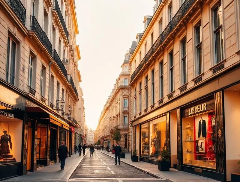 The elegant storefronts of Avenue Montaigne in Paris with luxury fashion house window displays, flowering trees, and a chauffeured car waiting at the curb