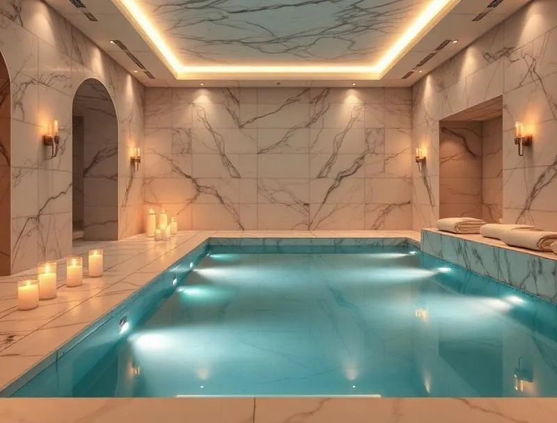 A serene luxury spa interior with soft ambient lighting, marble surfaces, plush white towels, and aromatic candles reflected in a tranquil pool at the Ritz Paris