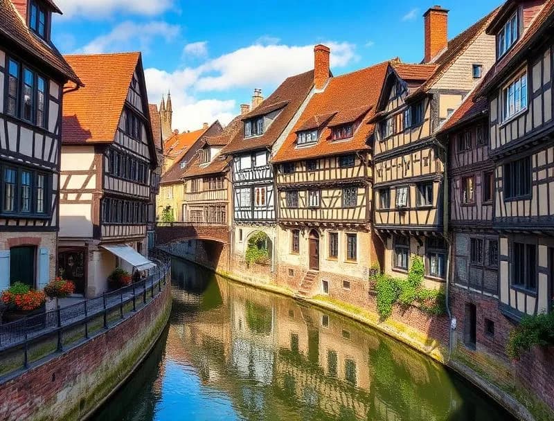 Half-timbered houses along the canals of Petite France in Strasbourg with flower boxes and reflections in the water