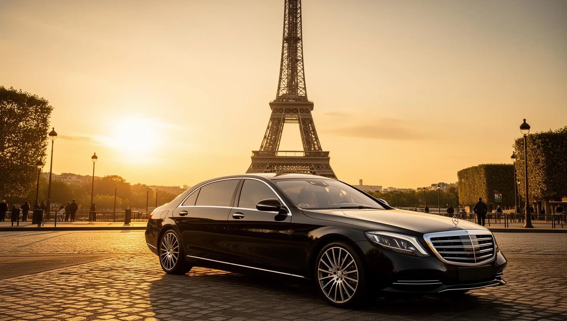 Panoramic view of Paris rooftops with the Eiffel Tower rising against a golden hour sky