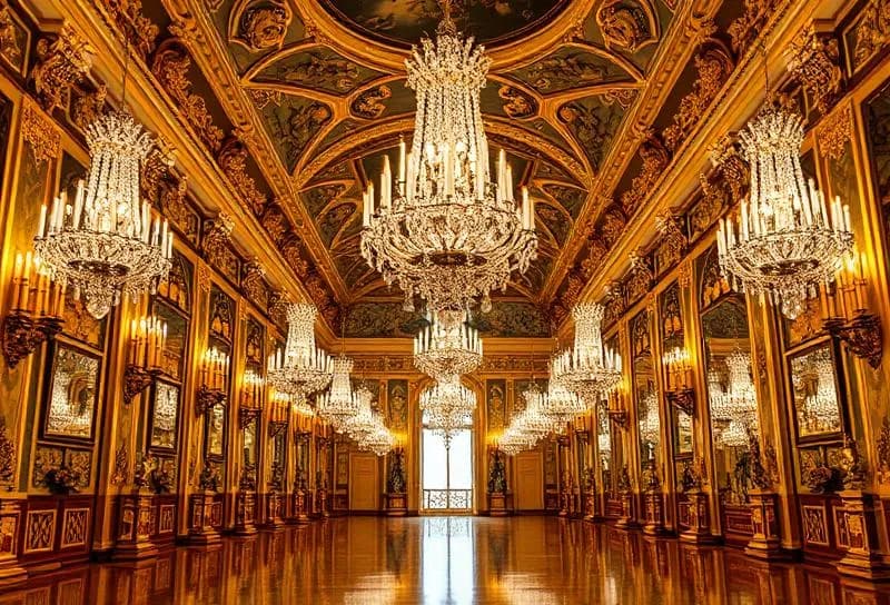 The golden gates of the Palace of Versailles with the grand courtyard stretching toward the marble facade